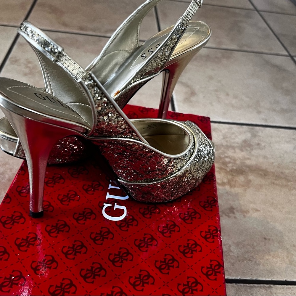 GUESS Women's Glitter Slingback Heels - Silver
